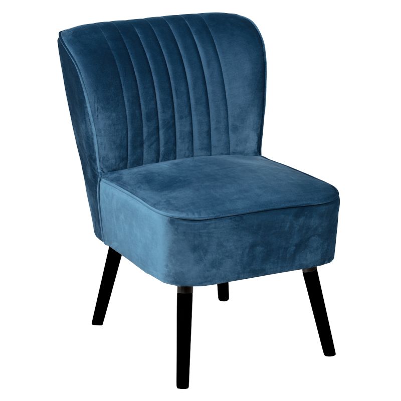 Fauteuil tissu polyester velours bleu canard pieds bois laqués noirs - JOSEPH