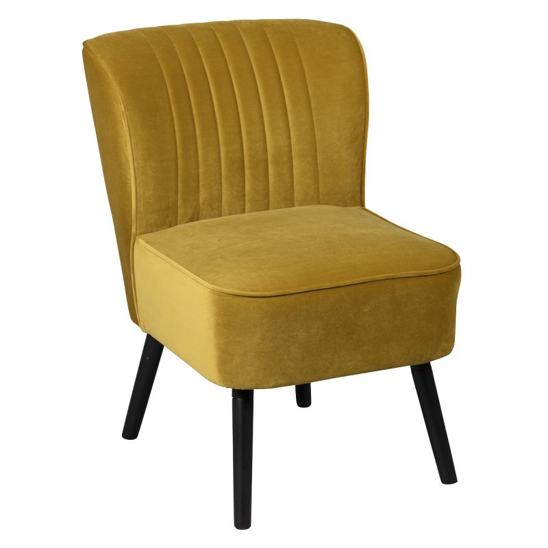 Fauteuil tissu polyester velours jaune moutarde pieds bois laqués noirs - JOSEPH