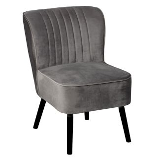Fauteuil tissu polyester velours gris pieds bois laqués noirs - JOSEPH
