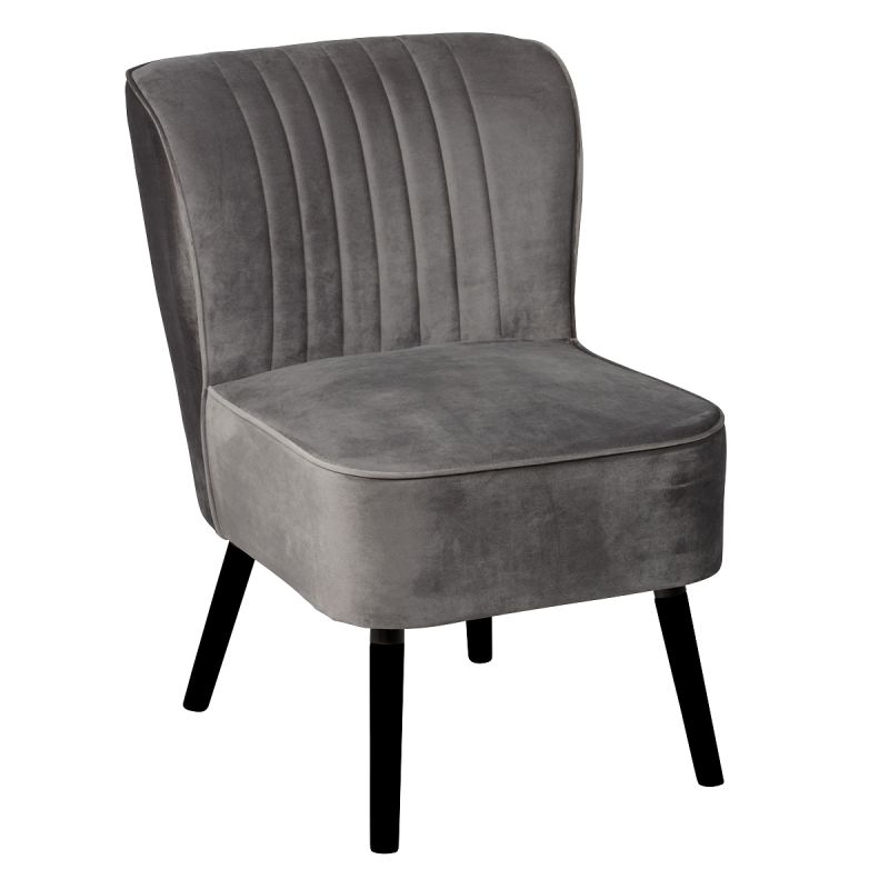 Fauteuil tissu polyester velours gris pieds bois laqués noirs - JOSEPH