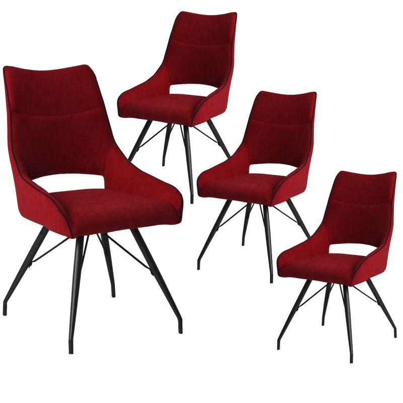 Lot de 4 chaises tissu coloris rouge pieds métal laqué gris - BERNIE