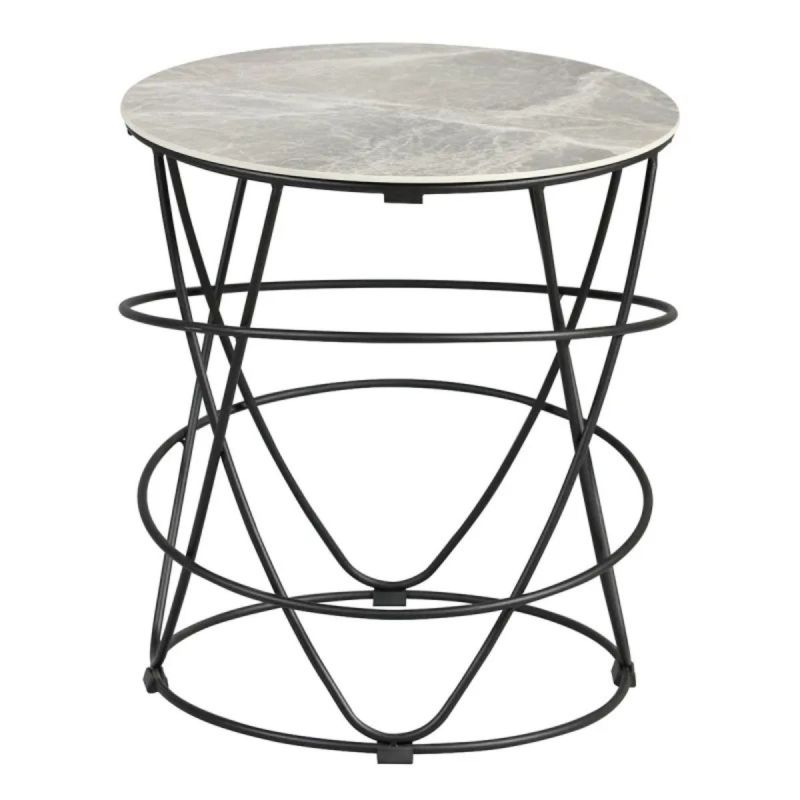 Bout de canapé rond plateau céramique avec piètement entrelacé métallique noir - SATURNE