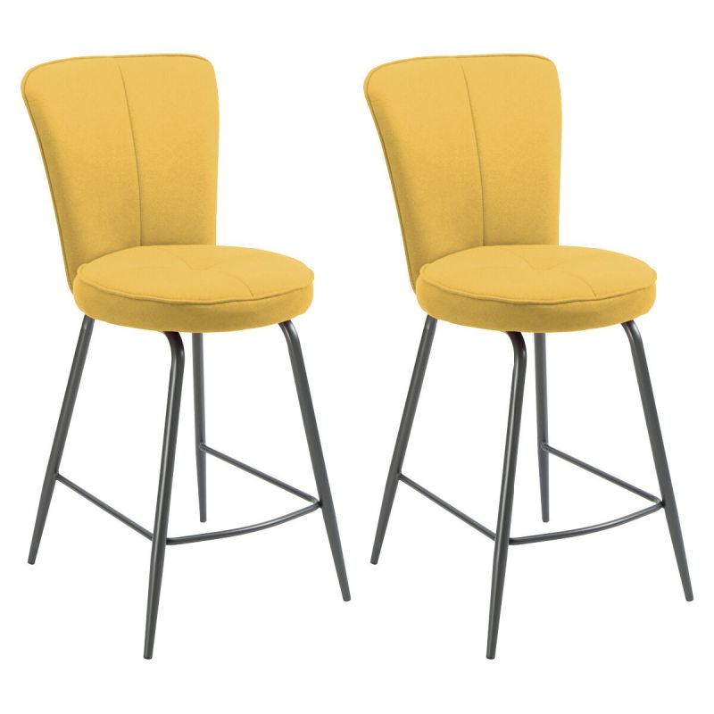 Lot de 2 tabourets assise de bar matelassée tissu toucher doux jaune pieds métal laqué anthracite - ELLIPSE
