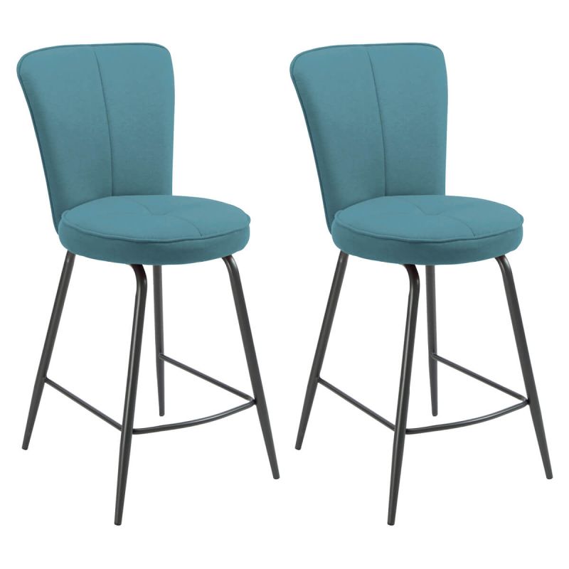 Lot de 2 tabourets assise de bar matelassée tissu toucher doux bleu pieds métal laqué anthracite - ELLIPSE