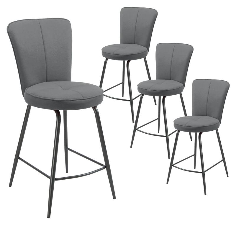 Lot de 4 tabourets assise de bar matelassée tissu toucher doux gris pieds métal laqué anthracite - ELLIPSE