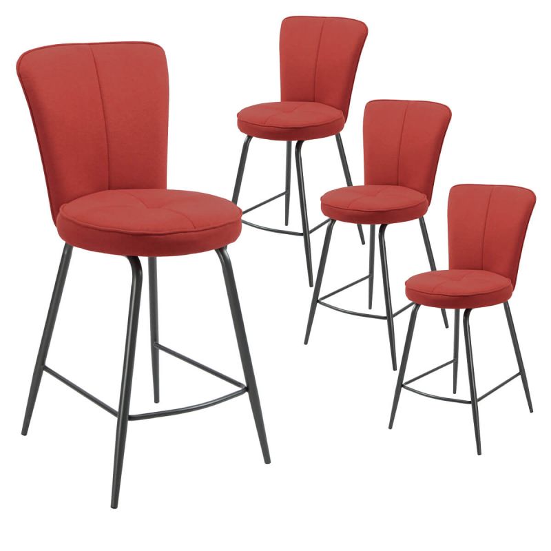Lot de 4 tabourets assise de bar matelassée tissu toucher doux rouge pieds métal laqué anthracite - ELLIPSE