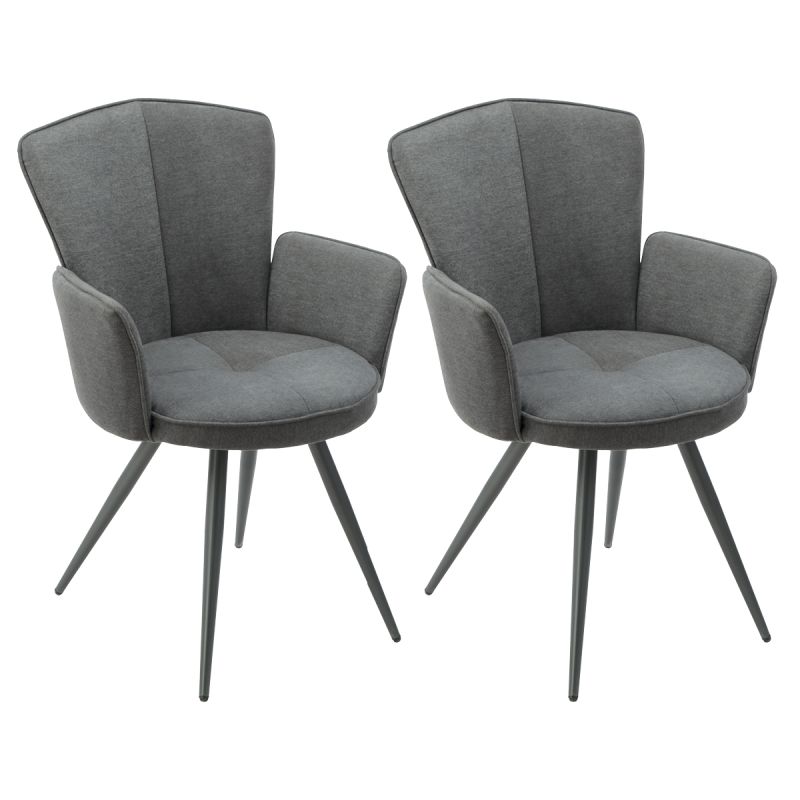 Lot de 2 fauteuils de table assise matelassée tissu toucher doux gris pieds métal laqué anthracite - ELLIPSE