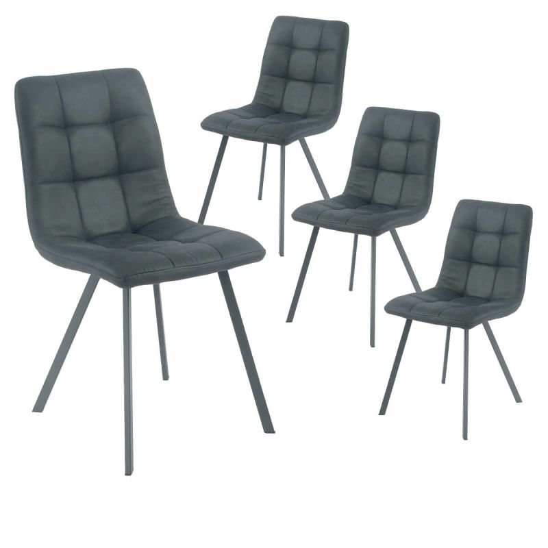 Lot de 4 chaises matelassées tissu toucher doux gris pieds métal laqué anthracite - MOALIA