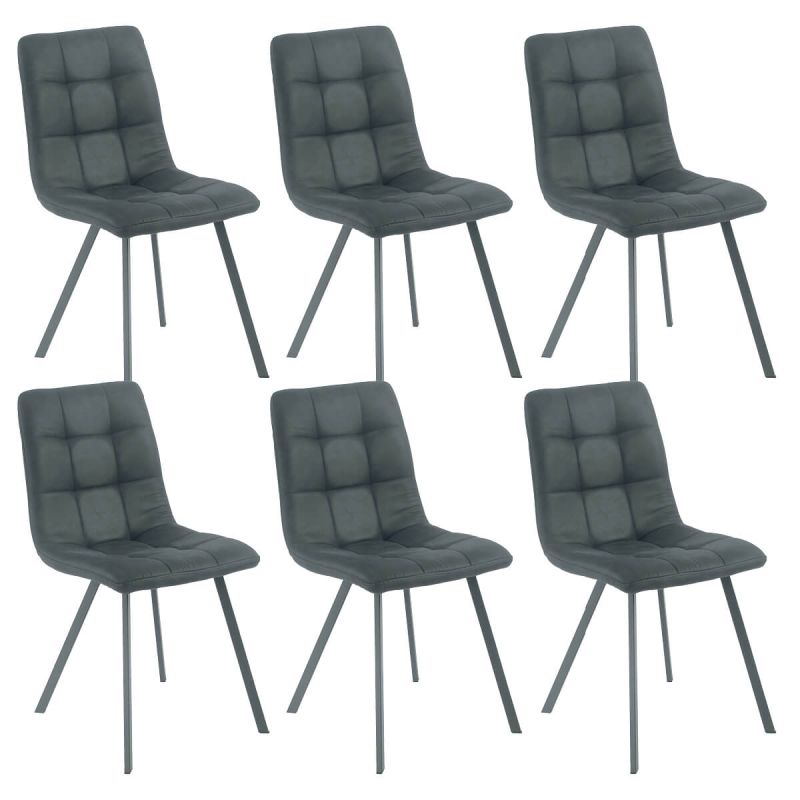 Lot de 6 chaises matelassées tissu toucher doux gris pieds métal laqué anthracite - MOALIA