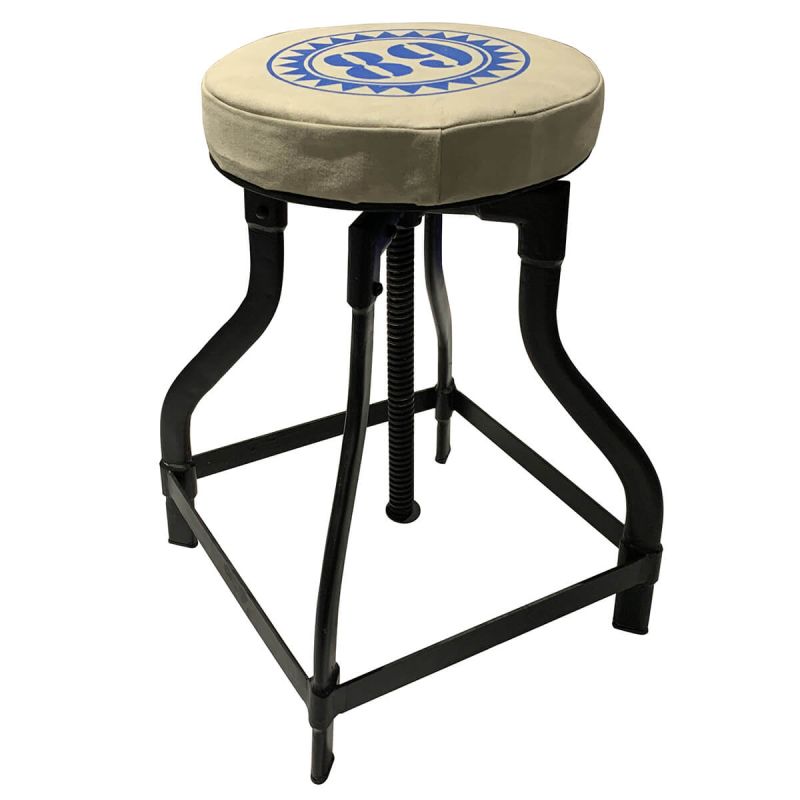 Tabouret atelier vintage à crémaillère en métal assise toile imprimée - SOLAL