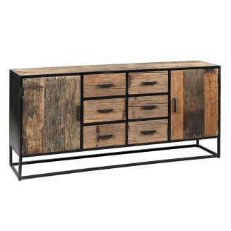 Buffet 2 portes 6 tiroirs en teck recyclé et métal laqué noir - TANETOA