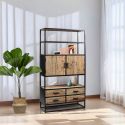 Etagère bibliothèque 2 portes 4 tiroirs en teck recyclé et métal laqué noir - TANETOA
