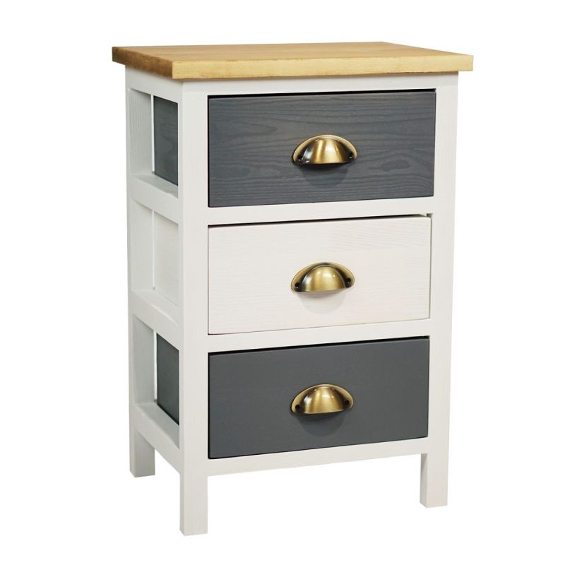Meuble de Rangement 3 Tiroirs en Pin Teinté Gris et Blanc Plateau Naturel - PATTY
