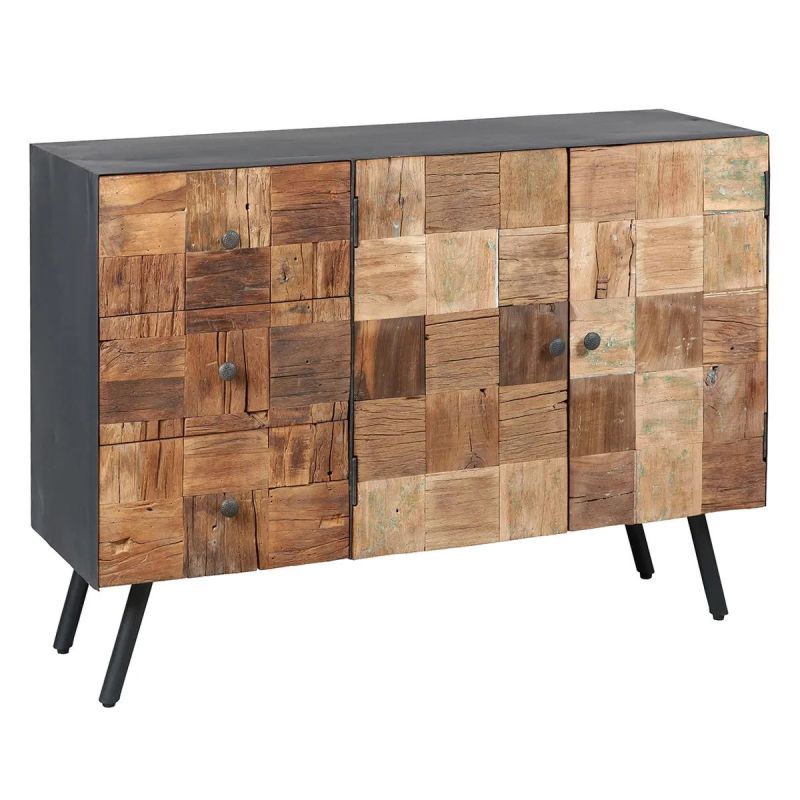 Buffet 2 portes 3 tiroirs en acier gris mat et façades en bois massif - FULBERT