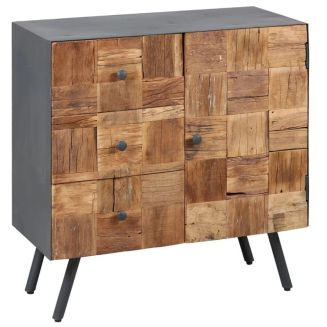 Meuble d'entrée 1 porte 3 tiroirs en acier gris mat et façades en bois massif - FULBERT