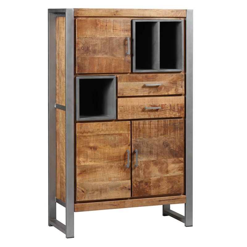 Rangement 3 portes 2 tiroirs en bois massif recyclé et acier patiné - MANGOVRE