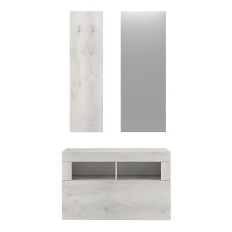Meuble à chaussures avec miroir et portemanteau muraux aspect bois blanchi - ROVICA
