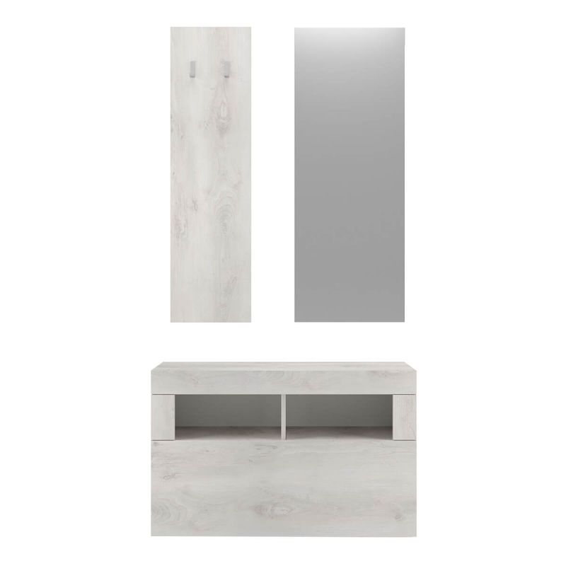 Meuble à chaussures avec miroir et portemanteau muraux aspect bois blanchi - ROVICA