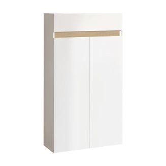 Meuble à chaussures 2 portes et 1 tiroir laqué blanc et décor bandeau aspect bois - EDEN