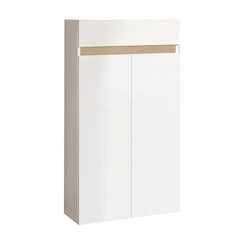 Meuble à chaussures 2 portes et 1 tiroir laqué blanc et décor bandeau aspect bois - EDEN