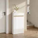 Meuble à chaussures 2 portes et 1 tiroir laqué blanc et décor bandeau aspect bois - EDEN