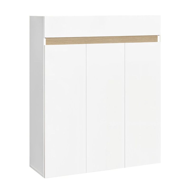 Meuble à chaussures 3 portes et 1 tiroir laqué blanc et décor bandeau aspect bois - EDEN