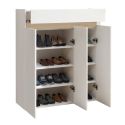 Meuble à chaussures 3 portes et 1 tiroir laqué blanc et décor bandeau aspect bois - EDEN