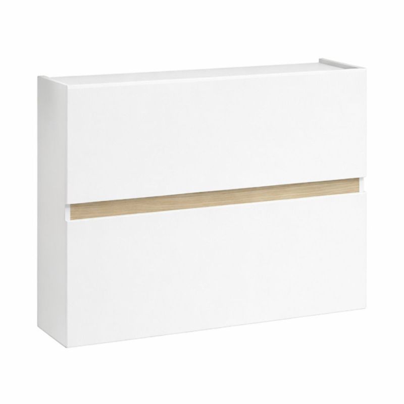 Meuble à chaussures 2 portes abattantes laqué blanc et décor bandeau aspect bois - EDEN