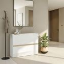 Meuble à chaussures 2 portes abattantes laqué blanc et décor bandeau aspect bois - EDEN