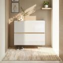 Meuble à chaussures 2 portes abattantes laqué blanc et décor bandeau aspect bois - EDEN