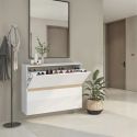 Meuble à chaussures 2 portes abattantes laqué blanc et décor bandeau aspect bois - EDEN