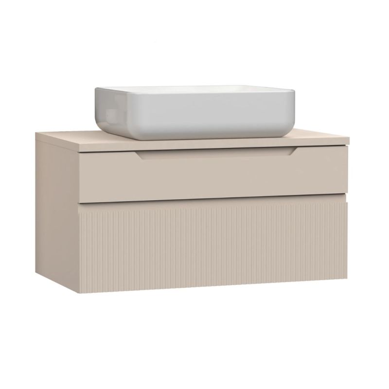 Meuble Vasque 80cm suspendu 2 tiroirs beige façades relief à stries verticales - JANEIRO BEIGE