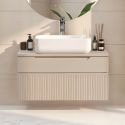 Meuble Vasque 80cm suspendu 2 tiroirs beige façades relief à stries verticales - JANEIRO BEIGE