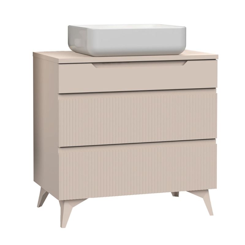 Meuble Vasque 80cm 3 tiroirs beige façades relief à stries verticales pieds métal - JANEIRO BEIGE