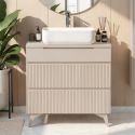Meuble Vasque 80cm 3 tiroirs beige façades relief à stries verticales pieds métal - JANEIRO BEIGE