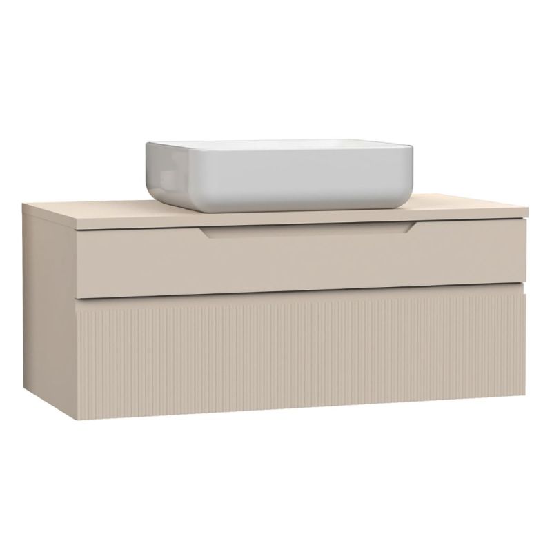 Meuble Vasque 100cm suspendu 2 tiroirs beige façades relief à stries verticales - JANEIRO BEIGE