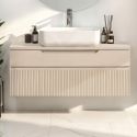 Meuble Vasque 100cm suspendu 2 tiroirs beige façades relief à stries verticales - JANEIRO BEIGE