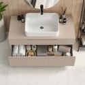 Meuble Vasque 100cm suspendu 2 tiroirs beige façades relief à stries verticales - JANEIRO BEIGE