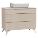 Meuble Vasque 100cm 3 tiroirs beige façades relief à stries verticales pieds métal - JANEIRO BEIGE