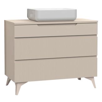 Meuble Vasque 100cm 3 tiroirs beige façades relief à stries verticales pieds métal - JANEIRO BEIGE