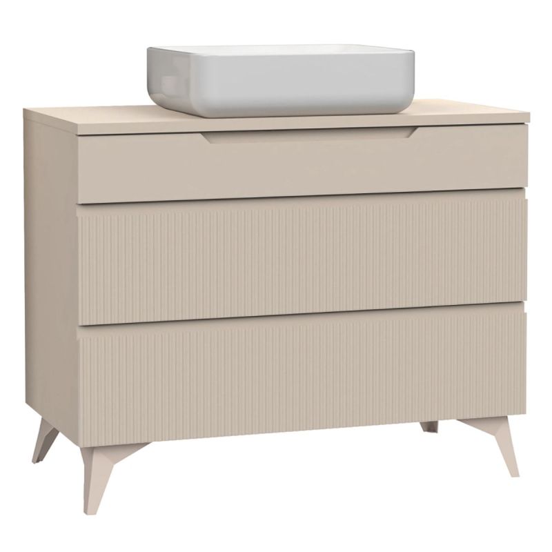Meuble Vasque 100cm 3 tiroirs beige façades relief à stries verticales pieds métal - JANEIRO BEIGE