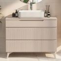 Meuble Vasque 100cm 3 tiroirs beige façades relief à stries verticales pieds métal - JANEIRO BEIGE