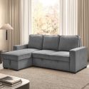 Canapé d'angle gauche convertible avec 1 coffre velours côtelé gris - NAPOLINO