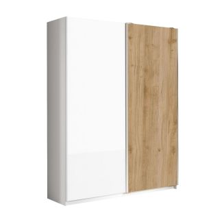 Armoire 2 portes coulissantes 180x210 cm 1 porte blanc laquée et 1 porte aspect bois finition Cadiz - SWAM