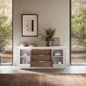 Buffet 2 portes 3 tiroirs blanc laqué façades aspect bois finition Mercure piètement socle - AZONTO