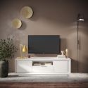 Meuble TV 2 portes 1 tiroirs 1 niche blanc laqué piètement socle - AZONTO