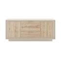 Buffet 2 portes 3 tiroirs beige poudré façades aspect bois finition Cadiz piètement socle - AZONTO