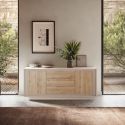 Buffet 2 portes 3 tiroirs beige poudré façades aspect bois finition Cadiz piètement socle - AZONTO