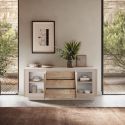 Buffet 2 portes 3 tiroirs beige poudré façades aspect bois finition Cadiz piètement socle - AZONTO
