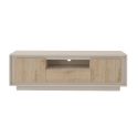 Meuble TV 2 portes 1 tiroirs 1 niche beige poudré façades aspect bois finition Cadiz piètement socle - AZONTO